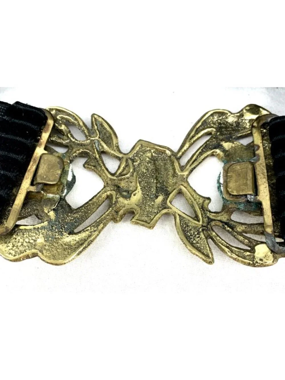 Brutalist Black Belt Brass Buckle Elastic Stretch Sz 26-30 Vintage